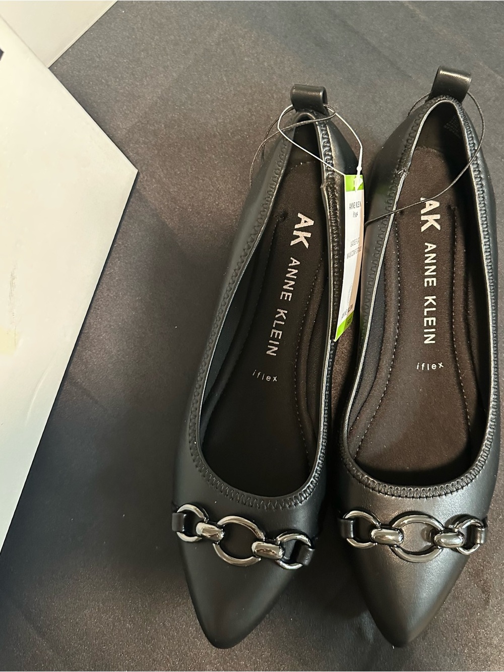 Anne Klein Black Pointed-Toe Chain Detail Flats
